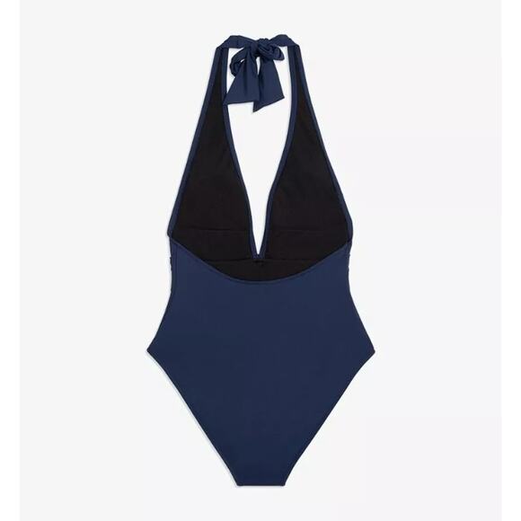 We Wore What Women Navy Blue Brooklyn Bow Halter One Piece Swimsuit Size L - Picture 2 of 6